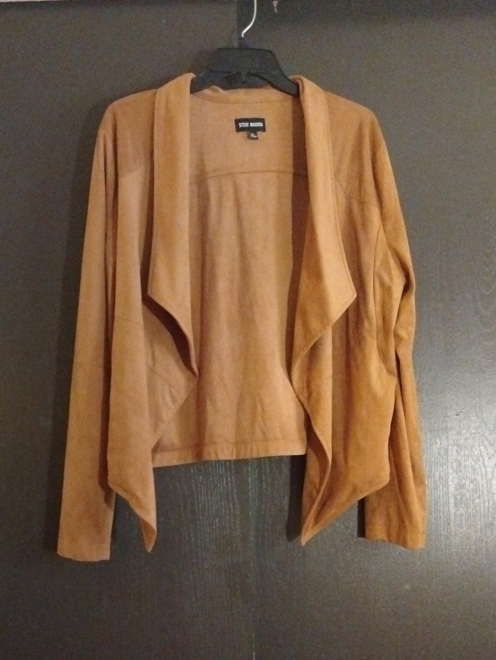 Steve Madden Suede-Look Open Drape Jacket in Camel